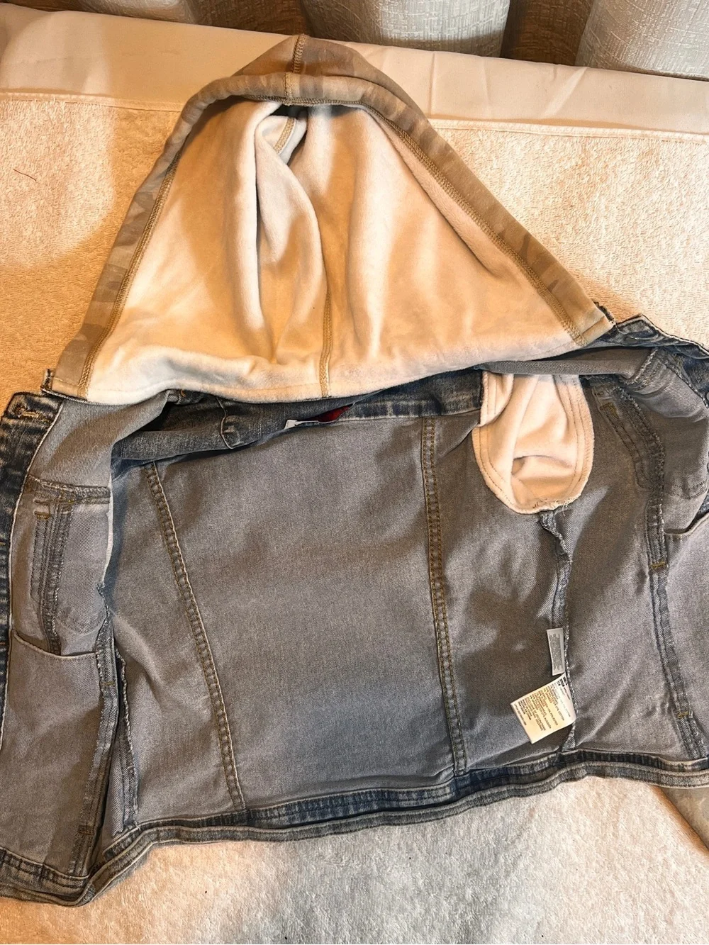 Wallflower Girls' Denim Jacket with Tan Camo Hood & Sleeves SIZE SMALL